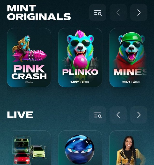 A digital interface displays "MINT ORIGINALS" featuring game icons for "PINK CRASH," "PLINKO," and "MINES," along with a "LIVE" section showing various game thumbnails.