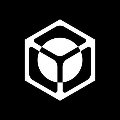 A black and white logo featuring a geometric hexagonal design with a circular emblem in the center on a black background.