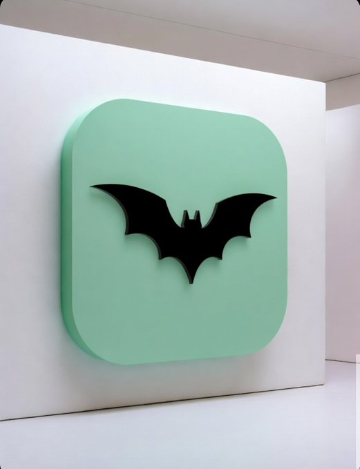 The image features a green square sign with a black bat design, which is displayed against a white wall. The sign has been edited to appear as if it were floating or hovering above the wall, giving an illusion of being suspended in mid-air. This creative alteration adds a unique and eye-catching element to the overall composition.