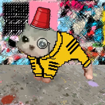 Pixelated mixed-media artwork of a yellow cat-like figure with a red siren on its head and a monocle, set against a textured painted background.