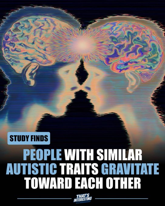 An artistic graphic showing a mirrored silhouette face with colorful brain imagery and text reading 'STUDY FINDS PEOPLE WITH SIMILAR AUTISTIC TRAITS GRAVITATE TOWARD EACH OTHER' from 'THAT'S INTERESTING'.