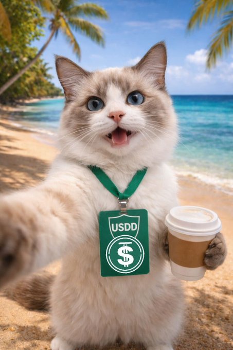 A white and brown cat on a tropical beach wearing a green lanyard labeled 'USDD' with a dollar sign emblem, holding a takeaway coffee cup while taking a selfie.