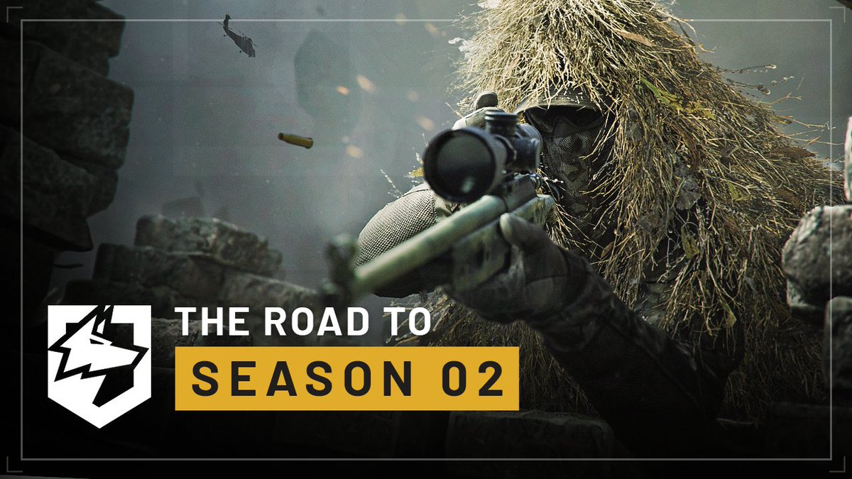 A sniper in a ghillie suit aims a rifle through a scope amid bullet tracers and debris, with text reading "THE ROAD TO SEASON 02" displayed prominently, promoting the upcoming launch of WARDOGS Season 02 on October 15th.