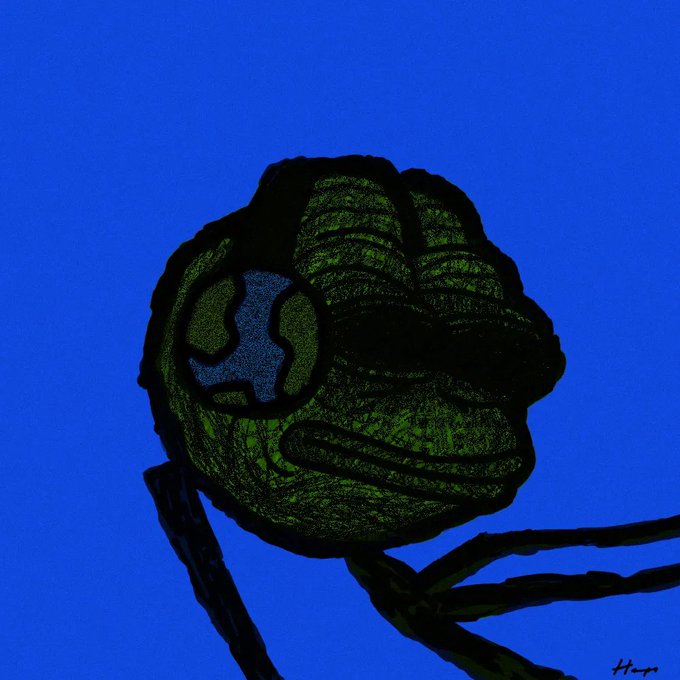 The image features a cartoon frog with a green head and body, wearing sunglasses and holding a globe in its hand. The frog appears to be sitting on a stick or branch against a blue background. The caption of the image reads "GM Let' s get this bread, I guess... transient.xyz/nfts/ethereum/ ...".