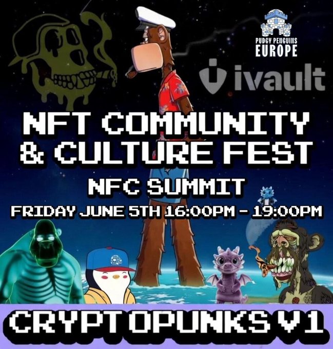 The image features a poster for an event called "NFT Community & Culture Fest" that takes place on June 5th at the NFC Summit in Lisbon, Portugal. The poster includes various cartoon characters such as penguins, a robot, and a skeleton, along with text promoting the event. The poster also mentions food and drinks being served during the event.