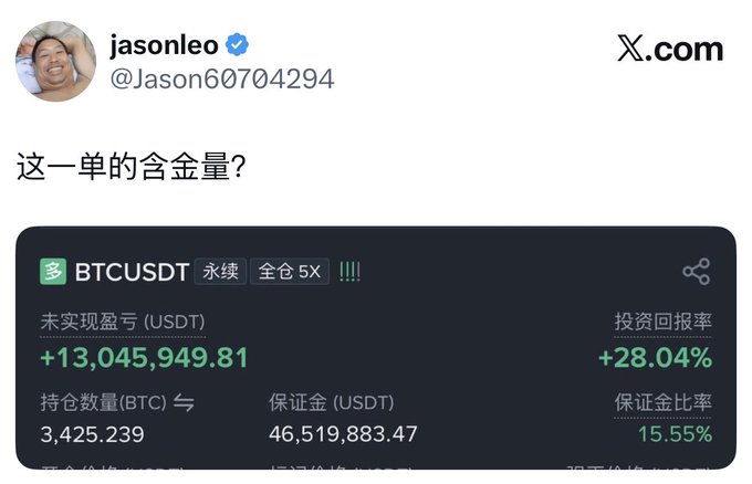 A screenshot of a cryptocurrency trading position on what appears to be Binance futures, showing a long position with 46,519,883.47 in margin and an unrealized profit of 15.55%, posted to illustrate massive wealth generated from a single trade.