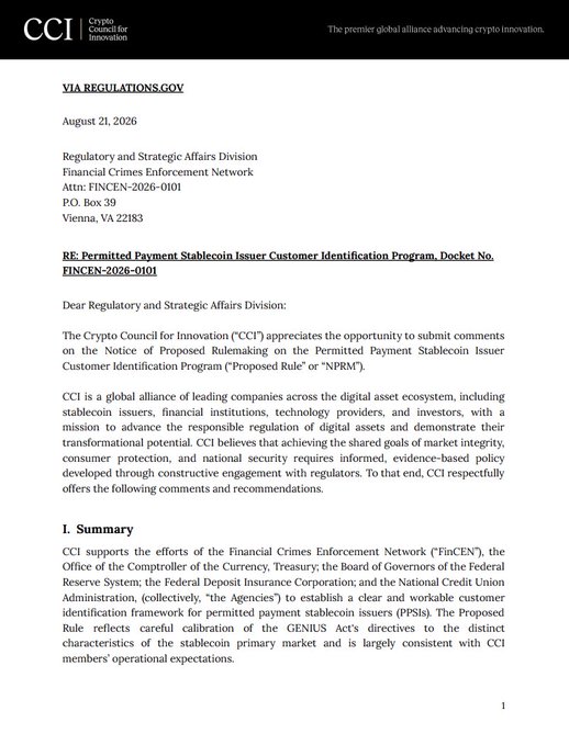 A formal letter from the Crypto Council for Innovation (CCI) dated August 21, 2026, commenting on the FinCEN Notice of Proposed Rulemaking for Permitted Payment Stablecoin Issuer Customer Identification Program (Docket No. FINCEN-2026-0101).