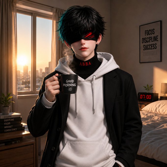 A digital illustration of an anime-style character with black hair and a red eye-covering streak, wearing a white hoodie and black coat, holding a black mug that says 'Good Morning', with books labeled 'DISCIPLINE', 'FOCUS', 'MINDSET', 'CONSISTENCY' and a poster reading 'FOCUS DISCIPLINE SUCCESS'.