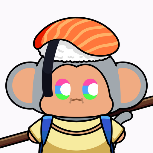 A cartoon monkey character with a salmon nigiri sushi hat and bi-flag (polysexual) colored eyes stands holding a stick.