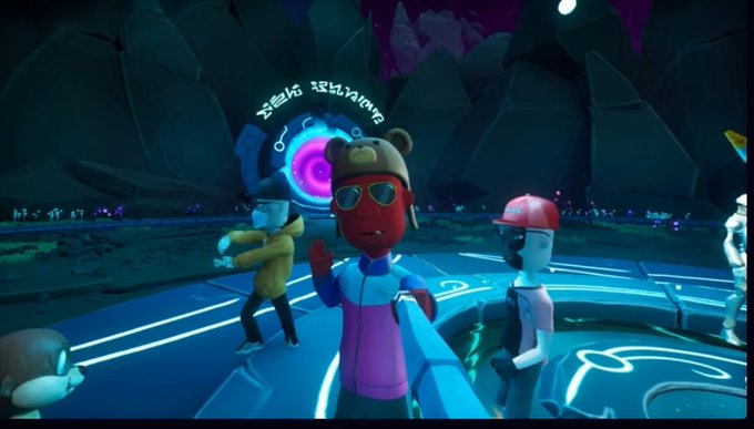 A screenshot from a video game showing 3D cartoon characters in a blue-lit environment with a glowing portal and symbols in the background.