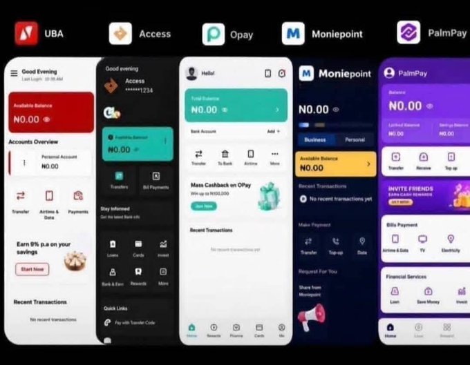 A screenshot showcasing five Nigerian fintech/mobile payment apps side-by-side: UBA, Access, Opay, Moniepoint, and PalmPay, each displaying their mobile interface with balance amounts of ₦0.00.