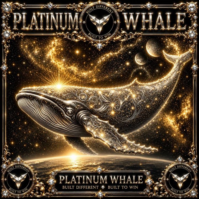 This image displays a stylized whale made of gold and stars, set against a cosmic backdrop, with the text "PLATINUM WHALE BUILT DIFFERENT BUILT TO WIN" visible multiple times. The post's emphasis on "PLATINUM" and its association with luxury aligns perfectly with the opulent, celestial whale depicted.