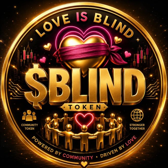 A golden coin design for '$BLIND TOKEN' featuring a heart wearing a blindfold, the text 'LOVE IS BLIND' and 'POWERED BY COMMUNITY - DRIVEN BY LOVE', with 'COMMUNITY TOKEN' and 'STRONGER TOGETHER' labeled sections.