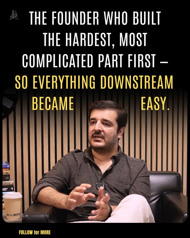 An inspirational quote graphic reads 'The founder who built the hardest, most complicated part first — so everything downstream became easy,' featuring a man in a dark polo shirt being interviewed.