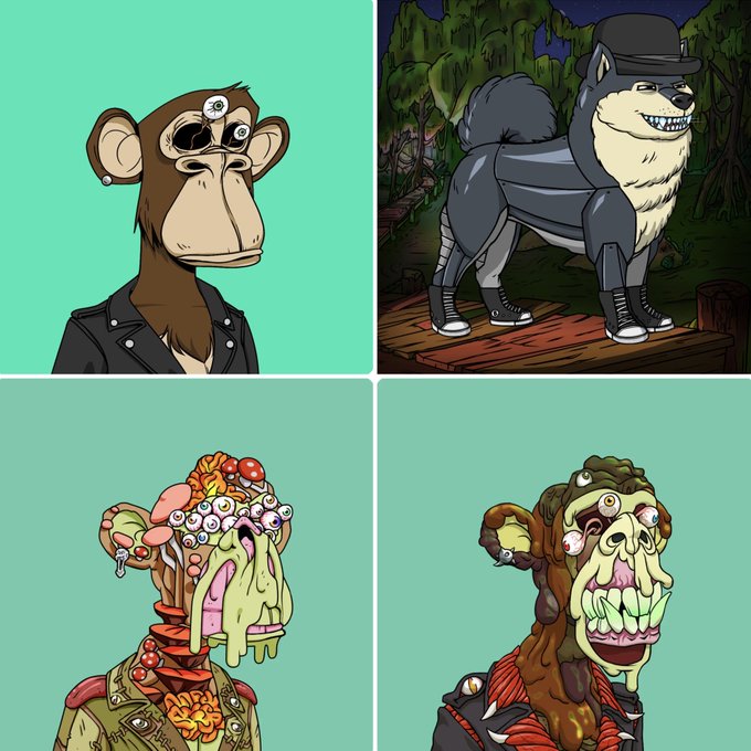 A 2x2 grid of cartoon NFT-style characters, including a monkey in sunglasses, a dog wearing a top hat, and two grotesque zombie-like figures.