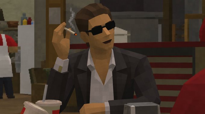 A low-poly 3D animated character wearing black sunglasses and a dark suit, smoking a cigarette at what appears to be a diner or restaurant counter, rendered in a retro video game style.