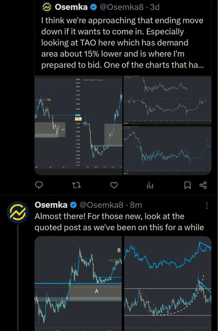 The image shows two separate Twitter posts, each featuring a different stock market chart. The left post has a graph of price movements for a cryptocurrency called "OSEMKA" over time, while the right post displays another stock market chart with a blue line representing its daily gains and losses in value. Both charts focus on the comparison between the prices of OSEMKA and another cryptocurrency or stock.
