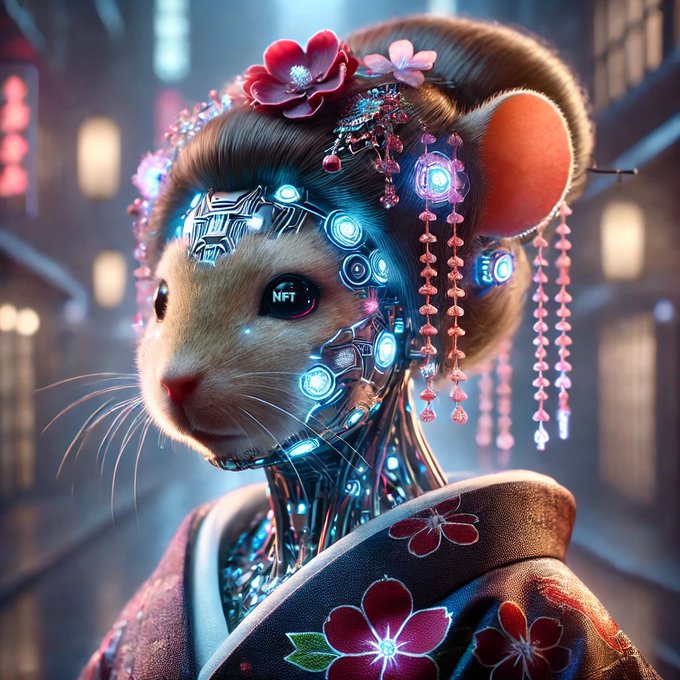 A digital artwork of a cybernetic mouse with glowing blue circuitry, wearing a traditional kimono adorned with pink flowers and hair ornaments, set against a neon-lit street.