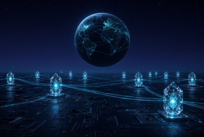 A digital artwork depicts Earth glowing with a network of lines at night, positioned above a futuristic circuit board landscape with glowing blue crystal-like nodes connected by lines.