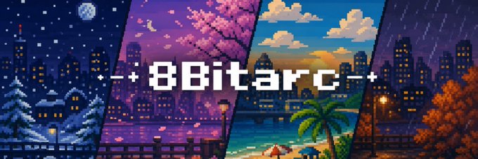A pixel art collage of four seasonal cityscapes (winter, cherry blossom, summer beach, and autumn rain) with the text '+-+ 8Bitare +-+' overlaid.