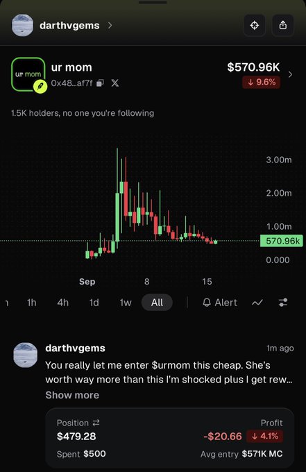 A trading chart for the 'ur mom' memecoin (address 0x48...af7f) showing a price of $570.96K with a 9.6% drop, posted by user 'darthvgems' who comments 'You really let me enter $urmom this cheap.'