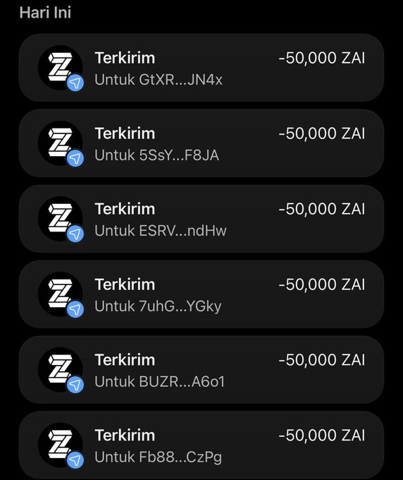 A mobile app screen titled 'Hari Ini' (Today) showing multiple 'Terkirim' (Sent) transactions of -50,000 ZAI each sent to various wallet addresses.