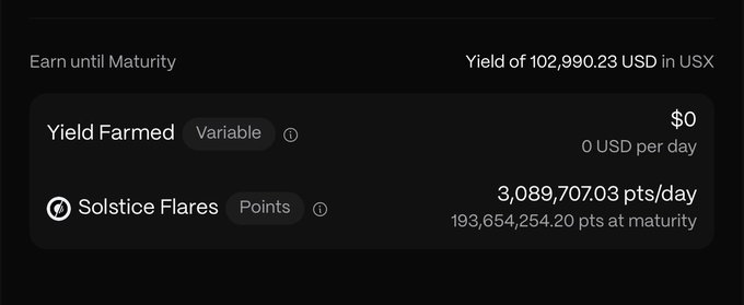 A yield farming dashboard showing 'Yield Farmed: $0 (0 USD per day)' and 'Solstice Flares Points' earning 3,089.70703 pts/day, with a yield of 102,990.23 USD in USX.