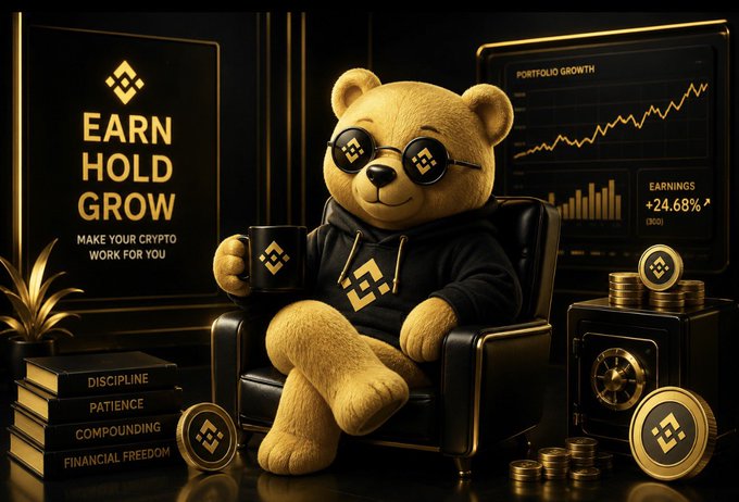A promotional graphic featuring an anthropomorphic teddy bear wearing Binance-themed sunglasses and hoodie, sitting in a leather chair holding a mug, with text 'EARN HOLD GROW' and '+24.68%' earnings.