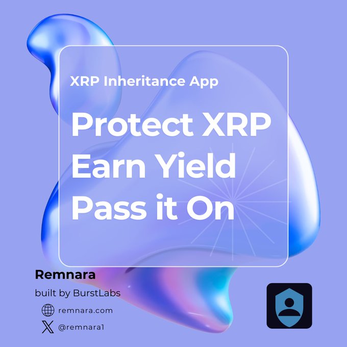 The image features a purple background with a large blue bubble containing a white text box that reads "Protect XRP EAN YIELD PASS IT ON". Below this, there are two small blue bubbles containing the words "XRP" and "inheritance app", indicating that the image is related to an advertisement for a new digital inheritance app. The post also includes a social media share button in the bottom right corner of the image.