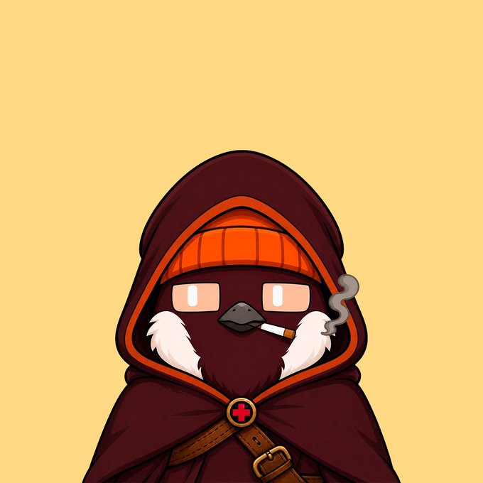 A cute, chibi-style cartoon character of a bird wearing a dark hooded cloak, an orange beanie, and a red cross medallion, while smoking a cigarette, ties into the "Robin Hood" NFT theme on the Robinhood Chain mentioned in the post.