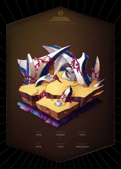 A digital artwork titled 'Ruins - Prismatic Athmos' featuring a floating island with crystalline structures and red vines, labeled with attributes including 'CHROMA' (W-Resource) and 'PSYCHOSILK' (R-Resource).