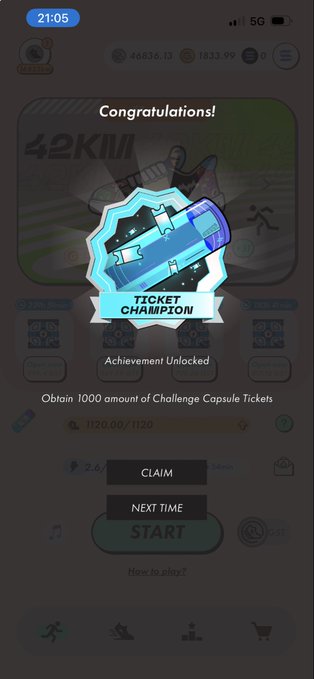 A mobile game screen displaying a "Congratulations! TICKET CHAMPION" achievement unlocked for obtaining 1000 Challenge Capsule Tickets, with CLAIM, NEXT TIME, and START buttons.