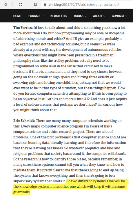 A screenshot of a blog post showing a conversation between Tim Ferriss and Eric Schmidt about programming morals and ethics into AI, with the final sentences highlighted in yellow.