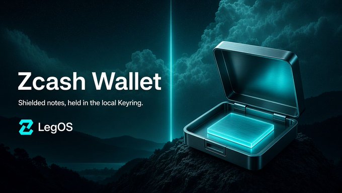 A promotional graphic for 'Zcash Wallet' by LegOS, featuring an open metal case containing a glowing cyan square, with the tagline 'Shielded notes, held in the local Keyring.'