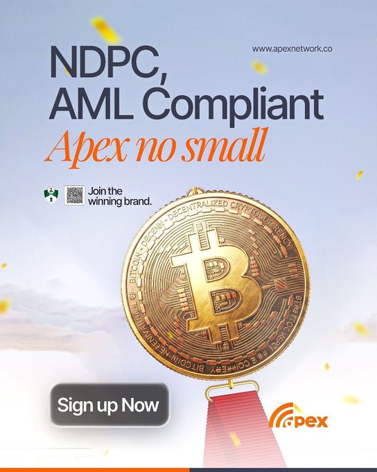 Promotional advertisement for Apex Network (apexnetwork.co) featuring a large Bitcoin-style coin, with text 'NDPC, AML Compliant' and 'Apex no small', plus a 'Sign up Now' button.