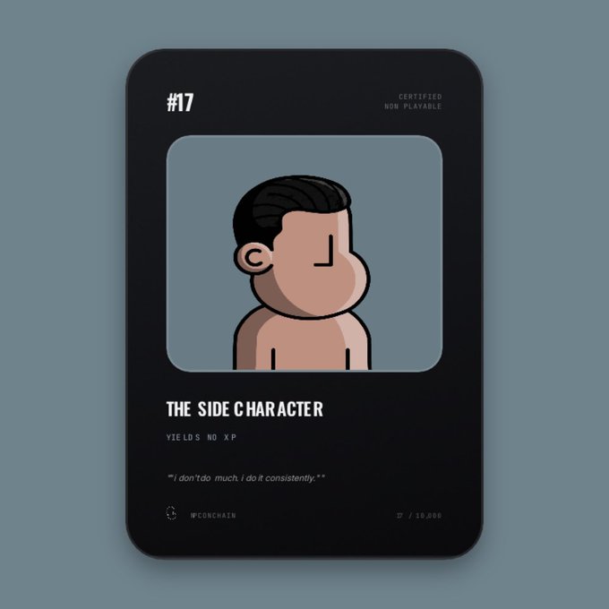 The image features a black square card with a cartoon character, possibly a boy or a man, facing forward against a blue background. The text "The Side Character" is written at the top of the card, while "NPCHAIN" is located below it. Below this, there are two lines of text: one stating that the character is a member of the @npchain community and another saying that they have just joined the community and started paying attention to it. The image also contains a number, which could be a code or a reference for something related to the post.