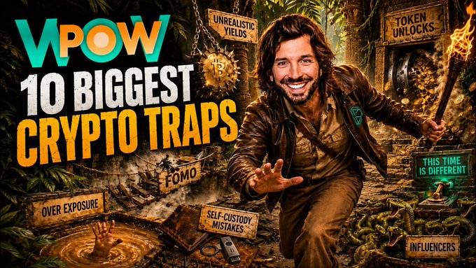A YouTube thumbnail titled '10 BIGGEST CRYPTO TRAPS' from the channel WPOW, featuring a man in a leather jacket holding a torch in a jungle temple setting with signs reading 'UNREALISTIC YIELDS', 'TOKEN UNLOCKS', 'OVER EXPOSURE', 'SELF-CUSTODY MISTAKES', 'INFLUENCERS', 'FOMO', and 'THIS TIME IS DIFFERENT'.