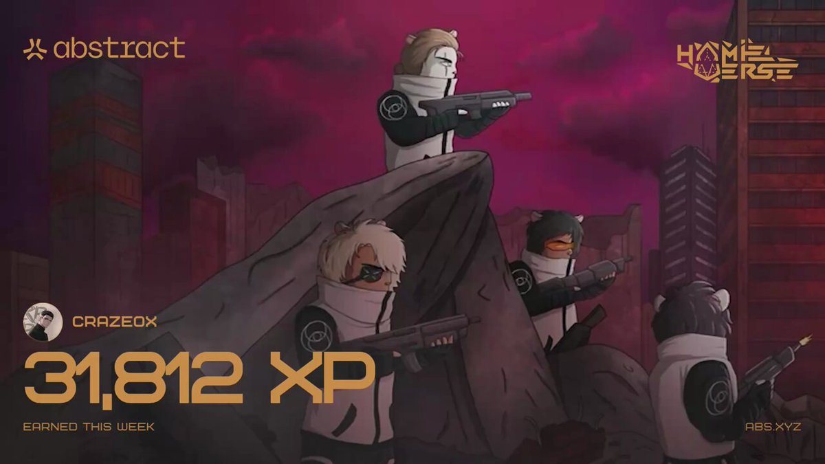 The image features a cartoon-style scene with four people dressed in white suits standing atop a large rock, each holding a gun. The background of the image shows an urban cityscape filled with buildings and skyscrapers. The caption for the image reads "31,812 XP | Week 70 Another week on @AbstractChain & another chance got some sweets by participating in the @hamieverse event!".