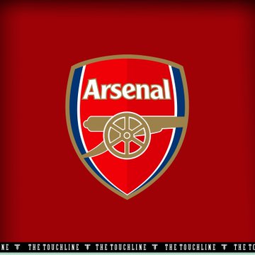 The image displays the Arsenal football club crest on a red background, with "THE TOUCHLINE" watermark repeating along the bottom. The connection to the post appears to be a pun—since "Arsenal" contains "USEN" which loosely resembles "USDC," or perhaps referencing that fans might google crypto terms alongside searching for the team, though the link is fairly loose and primarily serves as a meme contrasting football fandom with crypto interest.
