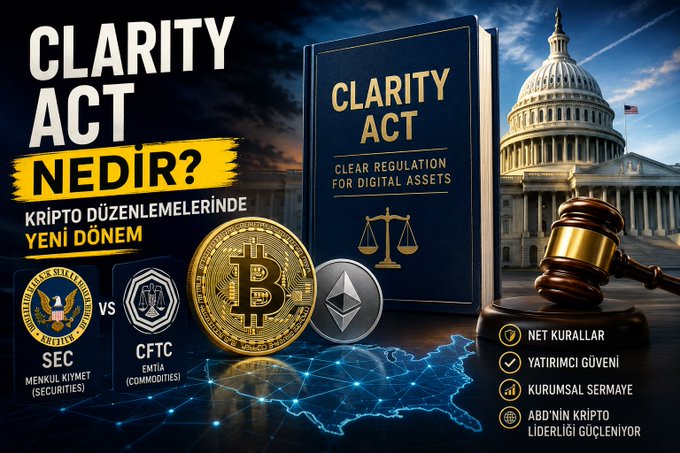 The image is a promotional graphic titled "CLARITY ACT NEDİR? KRİPTO DÜZENLEMELERİNDE YENİ DÖNEM" (What is the Clarity Act? A New Era in Crypto Regulations), featuring a blue book labeled "CLARITY ACT: Clear Regulation for Digital Assets" alongside Bitcoin and Ethereum coins, a gavel, the US Capitol building, and SEC vs. CFTC emblems, with bullet points highlighting net rules, investor confidence, institutional capital, and the US strengthening its crypto leadership.

The graphic visually reinforces the post's message by illustrating the legislative push behind the Crypto Clarity Act, showing the clash between the SEC and CFTC, and emphasizing the regulatory clarity that industry leaders like BlackRock are advocating for in the US digital asset market.