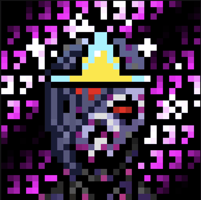 A pixel art character with a crown and ornate robes set against a purple and black patterned background.