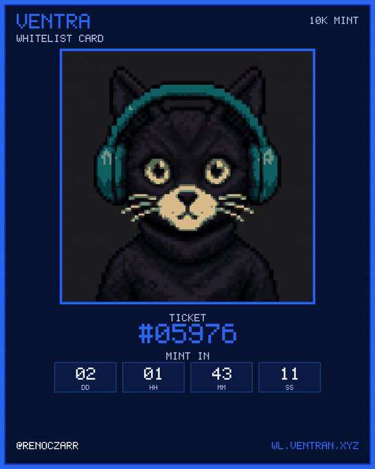 A pixel-art NFT "Ventra Whitelist Card" featuring a black cat wearing teal headphones, ticket #059976, with a mint countdown of 2 days, 01 hour, 43 minutes, and 11 seconds remaining—matching @renoczarr's promotion for the 10K Ventra NFT mint at wl.ventran.xyz on September 25.