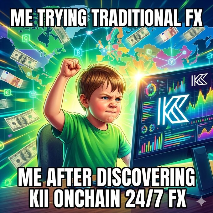 The image features a cartoon depiction of a young boy wearing a green shirt who appears to be playing a video game, with a computer monitor displaying a graph that says "Iki Chain 24/7 Fx" above him. The caption below the image reads "Achievement in @KiiChainio refers to completing quests/tasks in their testnet/dashboard users connect wallets, do on chain/social activities (e.g., swaps, bridges, Galxe campaigns) and earn ORO points/rewards toward potential airdrops or mainnet perks".