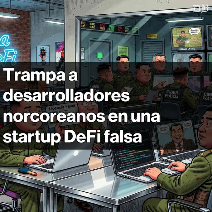 An animated illustration of police officers working at computers in an office, overlaid with Spanish text reading "Trampa a desarrolladores norcoreanos en una startup DeFi falsa" (Trap for North Korean developers in a fake DeFi startup).