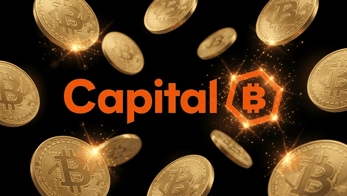 A graphic displaying the orange 'Capital' logo with a Bitcoin symbol against a black background filled with floating gold Bitcoin coins.