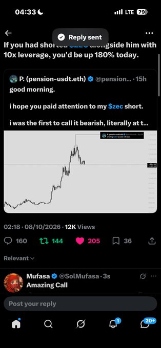 A screenshot of a social media post by @pension-usdt.eth displaying a cryptocurrency price chart with the message 'good morning, i hope you paid attention to my Szec short, i was the first to call it bearish,' showing 12K views, 160 comments, and 144 reposts.
