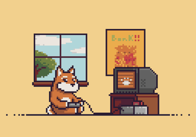 A pixel art illustration of a Shiba Inu dog sitting on the floor playing a video game with a controller, next to a CRT television displaying a 'PUNK!!' poster on a yellow wall.