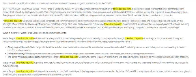 A press release announcing Wells Fargo's introduction of tokenized deposits, a blockchain-based system for corporate clients to move and settle funds 24/7/365, with highlighted mentions of the new feature.