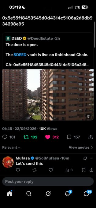 A screenshot of a social media post from DEED (@DeedEstate) announcing 'The door is open. The $DEED vault is live on Robinhood Chain' with a contract address starting 'CA: 0x5e55f18453545d0d4314c5106a2d8...' alongside an image of apartment buildings.