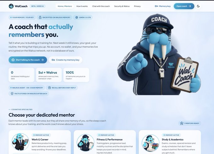 The WalCoach website landing page featuring 'A coach that actually remembers you,' promoting an AI sleep coach with 7 mentors ready, including categories for Work & Career, Fitness & Performance, and Study & Academics.